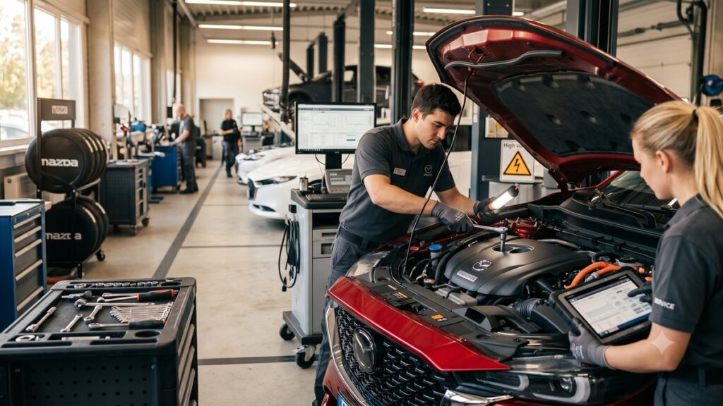 Профессиональный сервис по обслуживанию гибридных автомобилей Mazda в современном светлом техническом центре