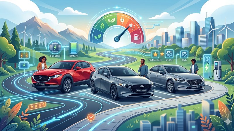 Современная иллюстрация гибридных автомобилей Mazda для сравнения моделей 2026 года в сервисном центре Madjorauto