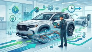 Современная иллюстрация гибридного аккумулятора Mazda для статьи о правилах эксплуатации и продлении срока службы
