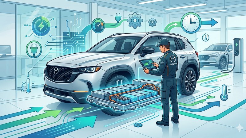 Современная иллюстрация гибридного аккумулятора Mazda для статьи о правилах эксплуатации и продлении срока службы