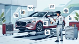 Современная иллюстрация гибридного автомобиля Mazda в сервисном центре для статьи о техническом обслуживании