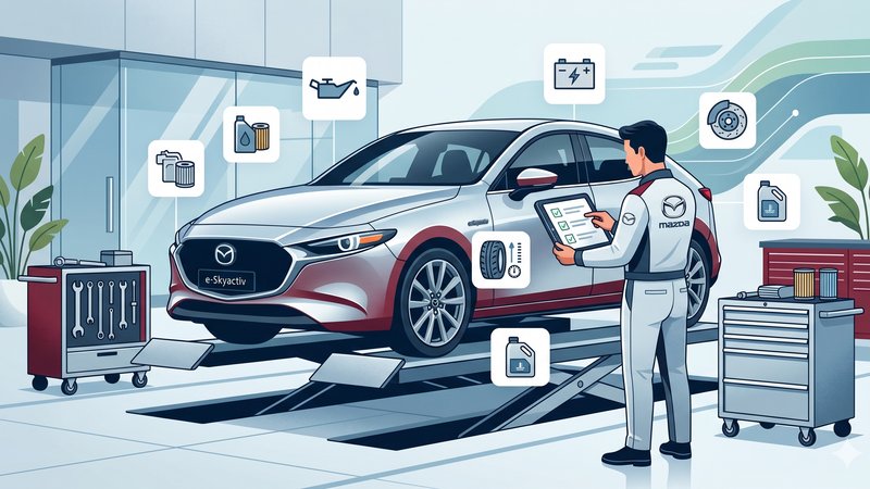 Современная иллюстрация гибридного автомобиля Mazda в сервисном центре для статьи о техническом обслуживании