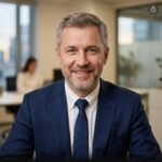 Портрет уверенного бизнесмена из компании Madjorauto на размытом фоне в студийном освещении